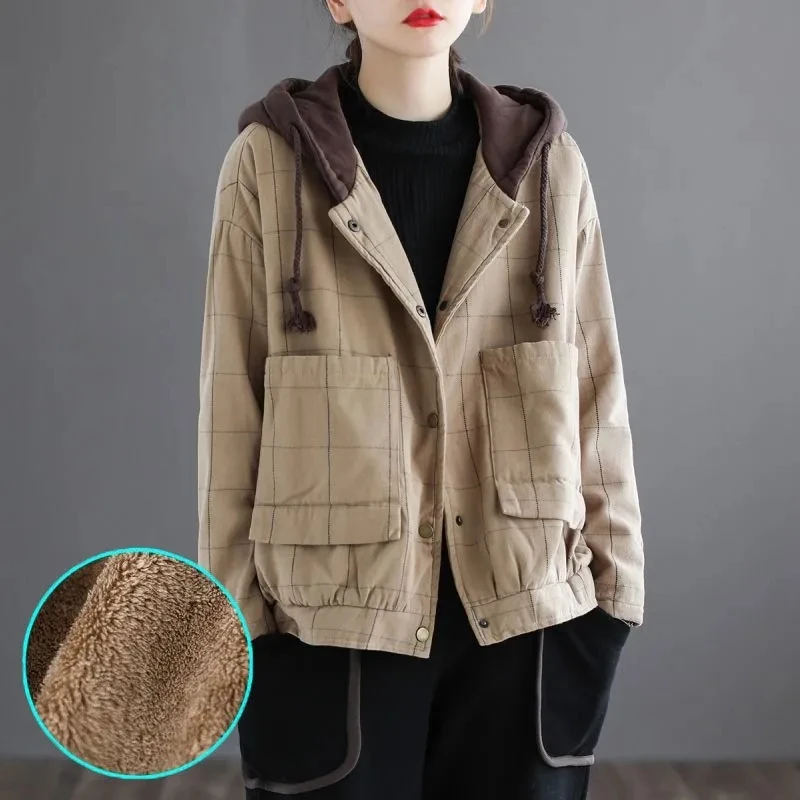 Loose Cotton Jacket Women 2023Autumn Winter Overcoat Plus Velvet Warm Cotton Padded Coat Plaid Hooded Outwear Ladies
Loose Cotton Jacket Women 2023Autumn Winter Overcoat Plus Velvet Warm Cotton Padded Coat Plaid Hooded Outwear Ladies
