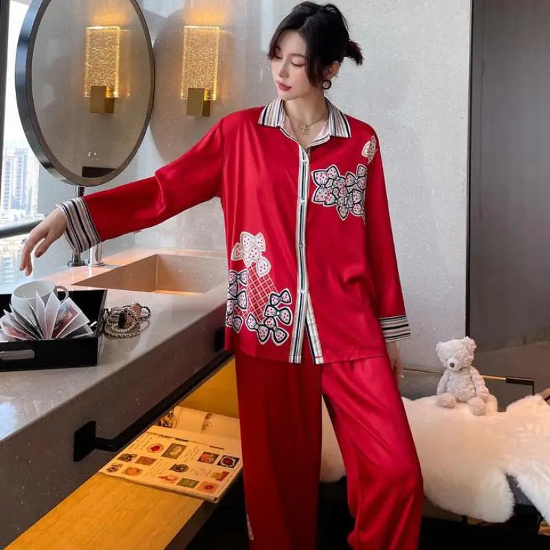 Nightwear Print Flower Two Pieces Sets Women Outfit Pajamas Suit Long Sleeve Sleepwear Satin Thin Home Clothes With Buttons
Nightwear Print Flower Two Pieces Sets Women Outfit Pajamas Suit Long Sleeve Sleepwear Satin Thin Home Clothes With Buttons