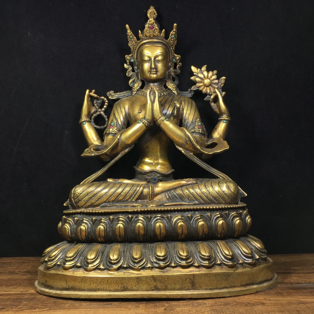 15"Tibetan Temple Collection Old Bronze mosaic Gem Four-armed Guanyin Guanyin Bodhisattva Lotus Terrace Ornaments
15"Tibetan Temple Collection Old Bronze mosaic Gem Four-armed Guanyin Guanyin Bodhisattva Lotus Terrace Ornaments