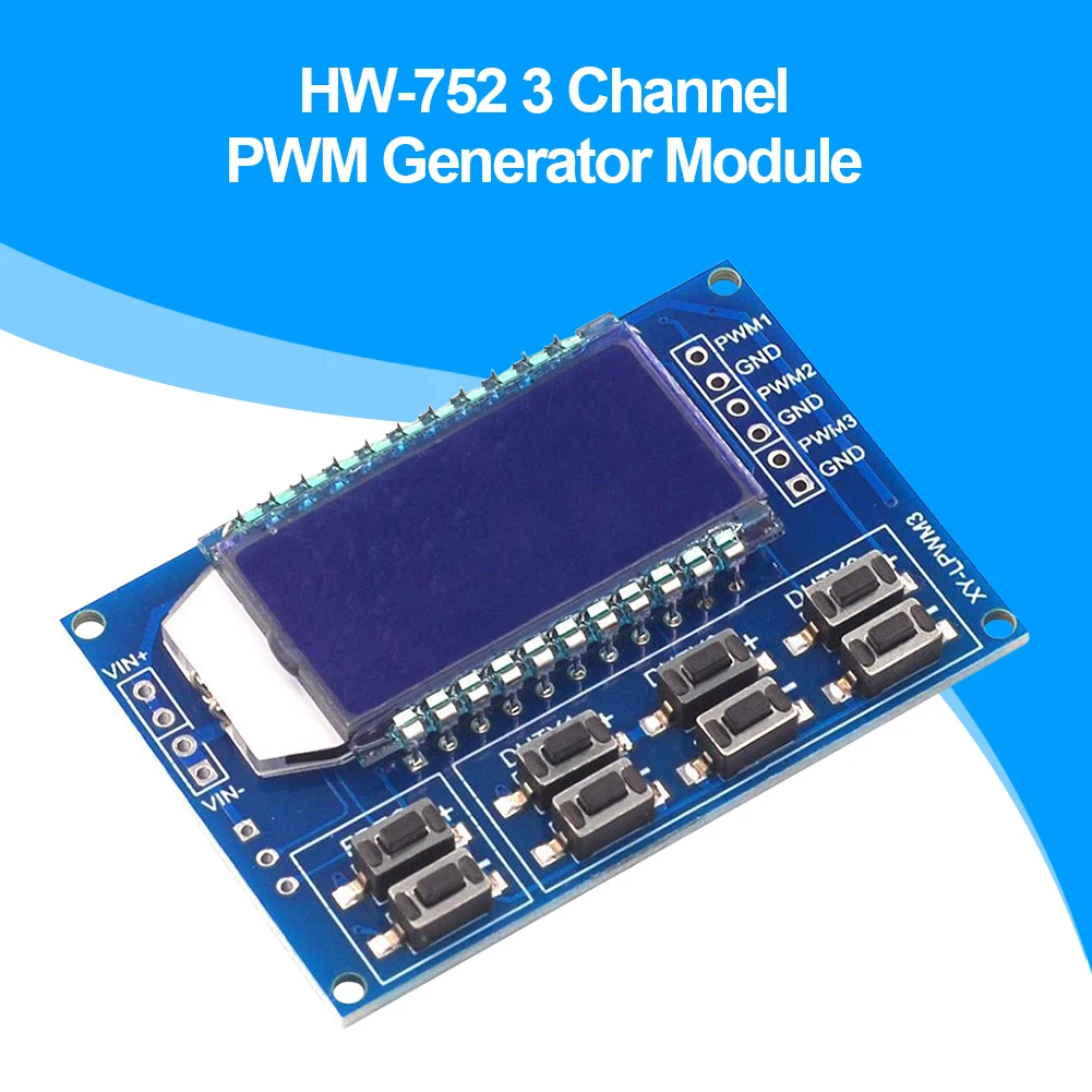 HW-752 3 Channel PWM Signal Generator Board Module 1Hz~150KHz Pulse Frequency Duty Cycle Adjustable with LCD Display 3.3~30V
HW-752 3 Channel PWM Signal Generator Board Module 1Hz~150KHz Pulse Frequency Duty Cycle Adjustable with LCD Display 3.3~30V