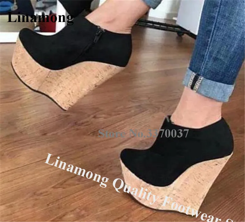 Linamong Western Fashion High Platform Wedge Pumps Black Suede Leather Side Zipper-up Wedge Height Increased Shoes
Linamong Western Fashion High Platform Wedge Pumps Black Suede Leather Side Zipper-up Wedge Height Increased Shoes