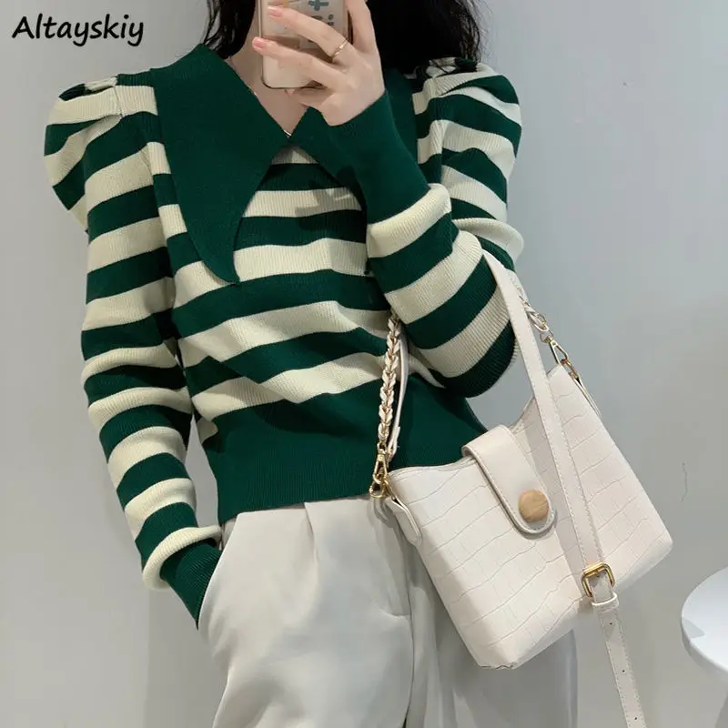 Pullover Women Striped Peter Pan Collar Leisure Skinny All-match Tender Korean Style Knitwear College Female Cozy Crop Sweater
Pullover Women Striped Peter Pan Collar Leisure Skinny All-match Tender Korean Style Knitwear College Female Cozy Crop Sweater