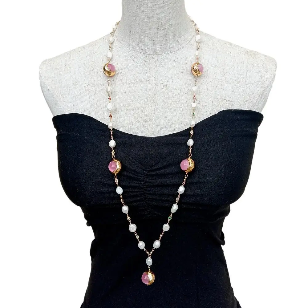 Y.YING Freshwater White Baroque Pearl Cz Pave Chain Pink Cat Eye Long sweater chain Necklace 34" wrap handmade for women
Y.YING Freshwater White Baroque Pearl Cz Pave Chain Pink Cat Eye Long sweater chain Necklace 34" wrap handmade for women