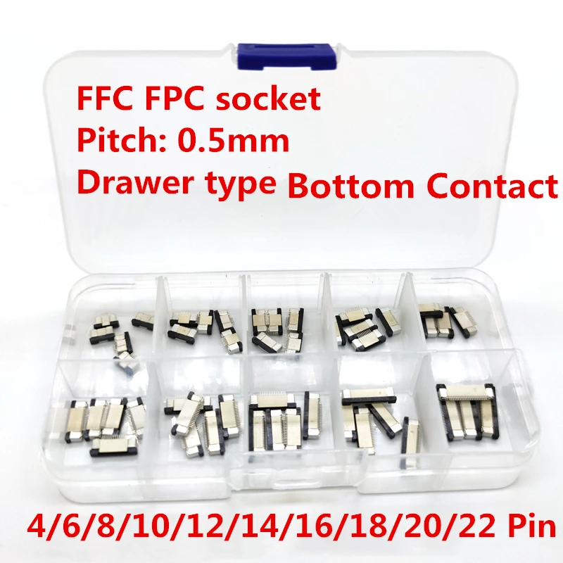 50pcs FFC FPC Connector 0.5mm 4/6/8/10/12/14/16/18/20/22 Pin Drawer Type Bottom Contact Flat Cable Connector Socket Sets
50pcs FFC FPC Connector 0.5mm 4/6/8/10/12/14/16/18/20/22 Pin Drawer Type Bottom Contact Flat Cable Connector Socket Sets