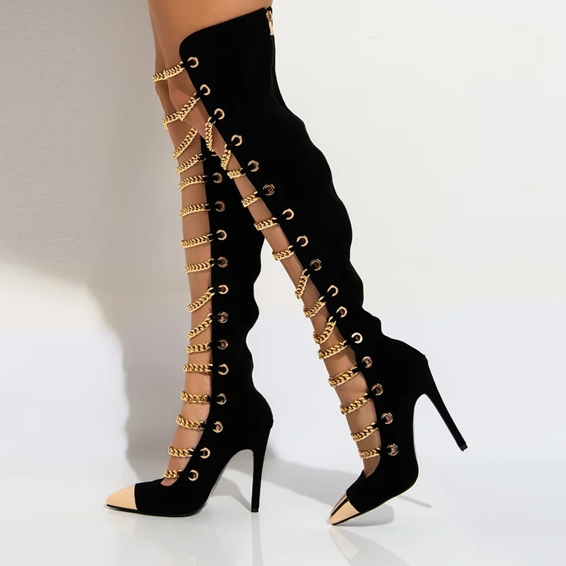 Golden Chain Knee High Boots Metal Toe Hollow out High-heeled Boots Black Leather Suede Winter Tight High Boots Plus Size
Golden Chain Knee High Boots Metal Toe Hollow out High-heeled Boots Black Leather Suede Winter Tight High Boots Plus Size