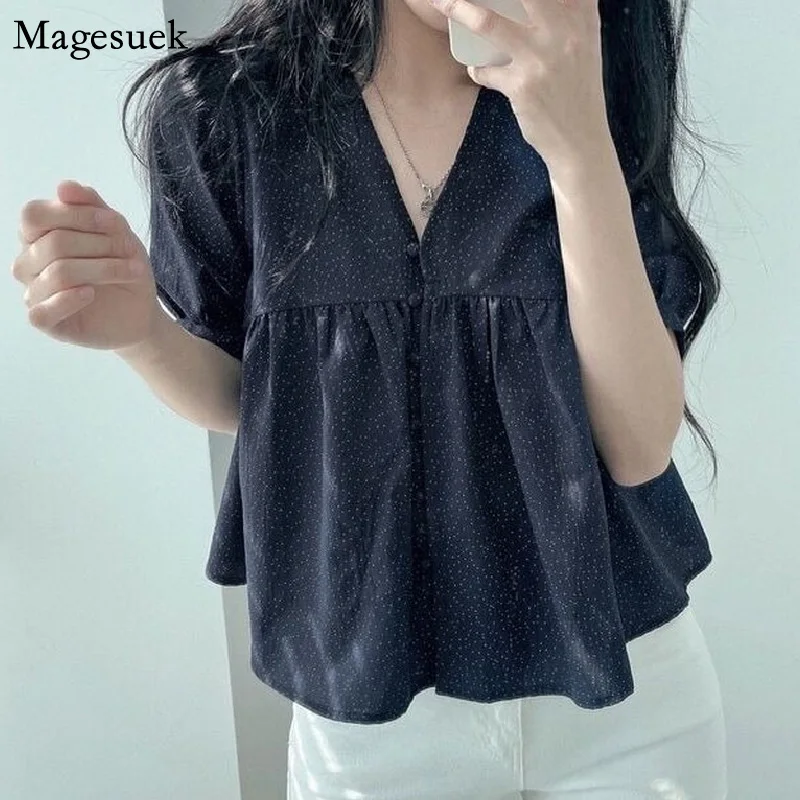 Summer New V-neck Bubble Sleeve Shirt Women Dot Loose Pleated Button White Blouses Woman Casual Korean Office Lady Tops 15673
Summer New V-neck Bubble Sleeve Shirt Women Dot Loose Pleated Button White Blouses Woman Casual Korean Office Lady Tops 15673