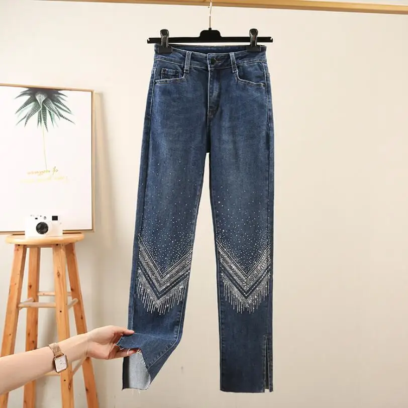 Women Jeans High Waist Hot Drilling Straight Pants Mujer Fashion Spring Split Fork Jeans Woman Trousers p871
Women Jeans High Waist Hot Drilling Straight Pants Mujer Fashion Spring Split Fork Jeans Woman Trousers p871
