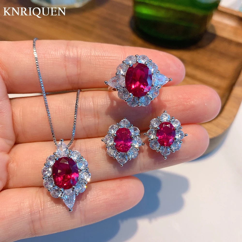 Luxury Ruby Gemstone Lab Diamond Earrings/Ring/Necklace Wedding Engagement Fine Jewelry Sets Gift For Women Vintage Accessories
Luxury Ruby Gemstone Lab Diamond Earrings/Ring/Necklace Wedding Engagement Fine Jewelry Sets Gift For Women Vintage Accessories