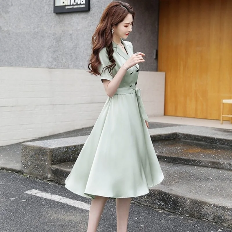 Women Elegant Double Breasted Summer Short Sleeve Knee Length Dress Office Lady Slim Fit Belted Work Dresses Banquet Party Dress
Women Elegant Double Breasted Summer Short Sleeve Knee Length Dress Office Lady Slim Fit Belted Work Dresses Banquet Party Dress