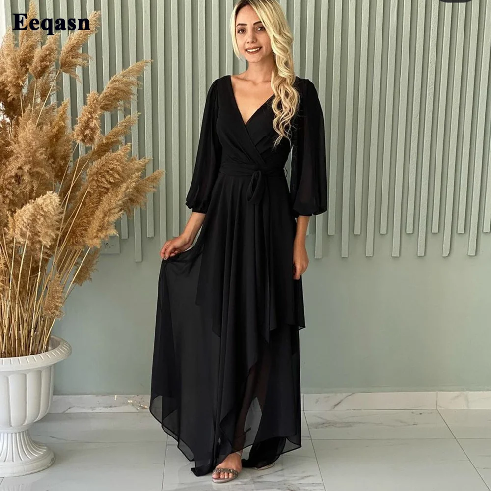 Eeqasn Simple Black Chiffon Women Prom Gowns Ruffles 3/4 Puffy Sleeves Formal Evening Dresses With Sashes Special Party Gown
Eeqasn Simple Black Chiffon Women Prom Gowns Ruffles 3/4 Puffy Sleeves Formal Evening Dresses With Sashes Special Party Gown