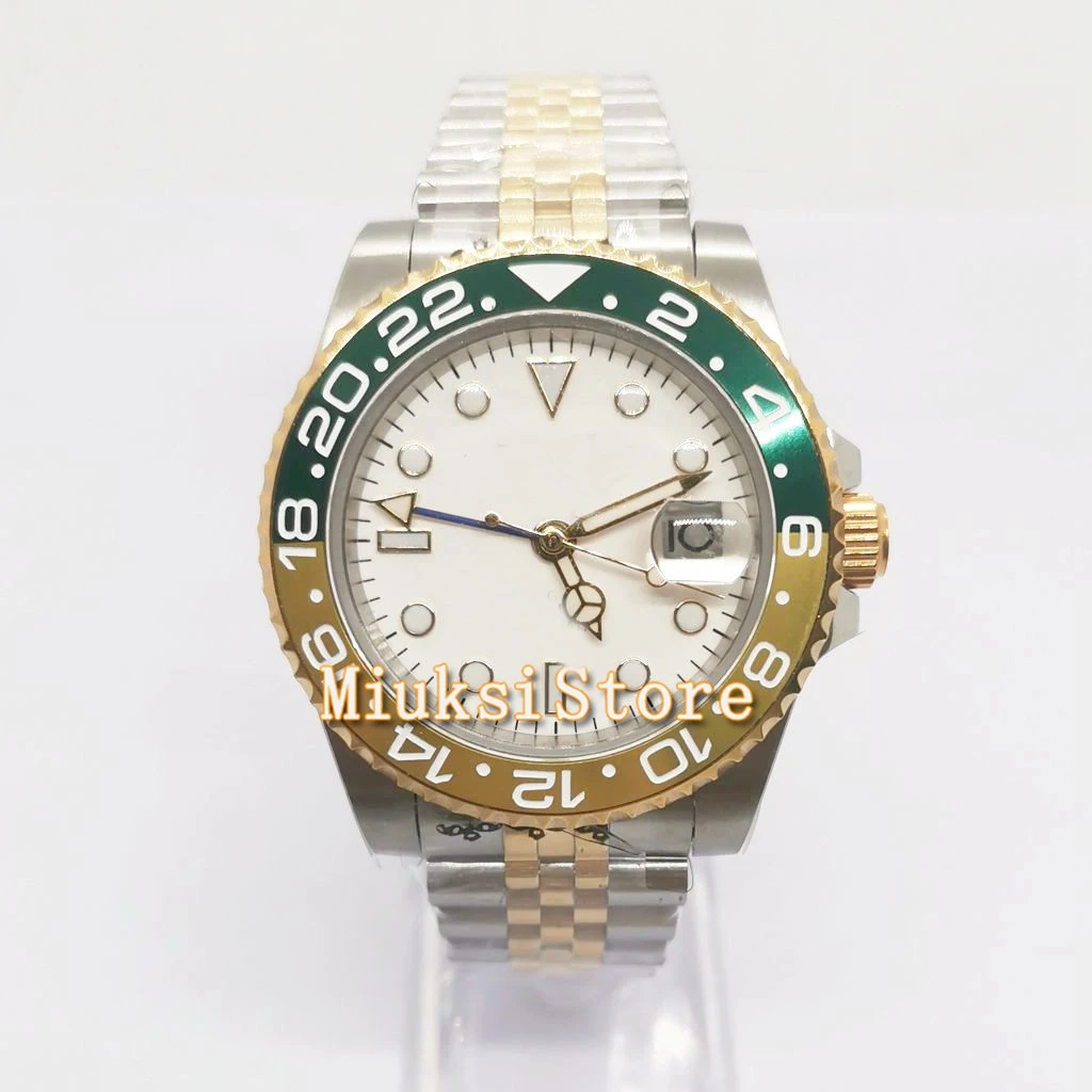 40mm White dial green yellow bezel Double color date sapphire crystal Automatic mens watch Bule luminous hands
40mm White dial green yellow bezel Double color date sapphire crystal Automatic mens watch Bule luminous hands