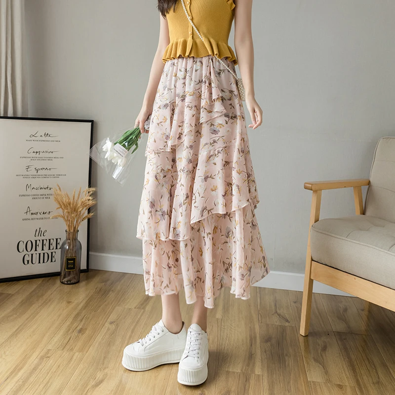 Women's Prairie Style Layers Skirt Floral Pattern High Waist Ruffles Edging Medium Cake Chiffon Skirts Spring Summer 2021
Women's Prairie Style Layers Skirt Floral Pattern High Waist Ruffles Edging Medium Cake Chiffon Skirts Spring Summer 2021