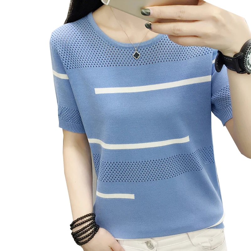 Thin Summer Hollow Out Striped T Shirt Women Tshirt Knitted 2021 Korean T-Shirt Woman Clothes Tee Shirt Femme Camisetas Mujer
Thin Summer Hollow Out Striped T Shirt Women Tshirt Knitted 2021 Korean T-Shirt Woman Clothes Tee Shirt Femme Camisetas Mujer