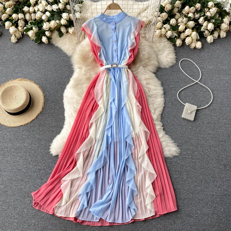 Special Offer Summer Women Sleeveless Slim Long Dress Elegant Contrast Color Ruffles Patchwork Pleated Big Hem Chiffon Dress
Special Offer Summer Women Sleeveless Slim Long Dress Elegant Contrast Color Ruffles Patchwork Pleated Big Hem Chiffon Dress