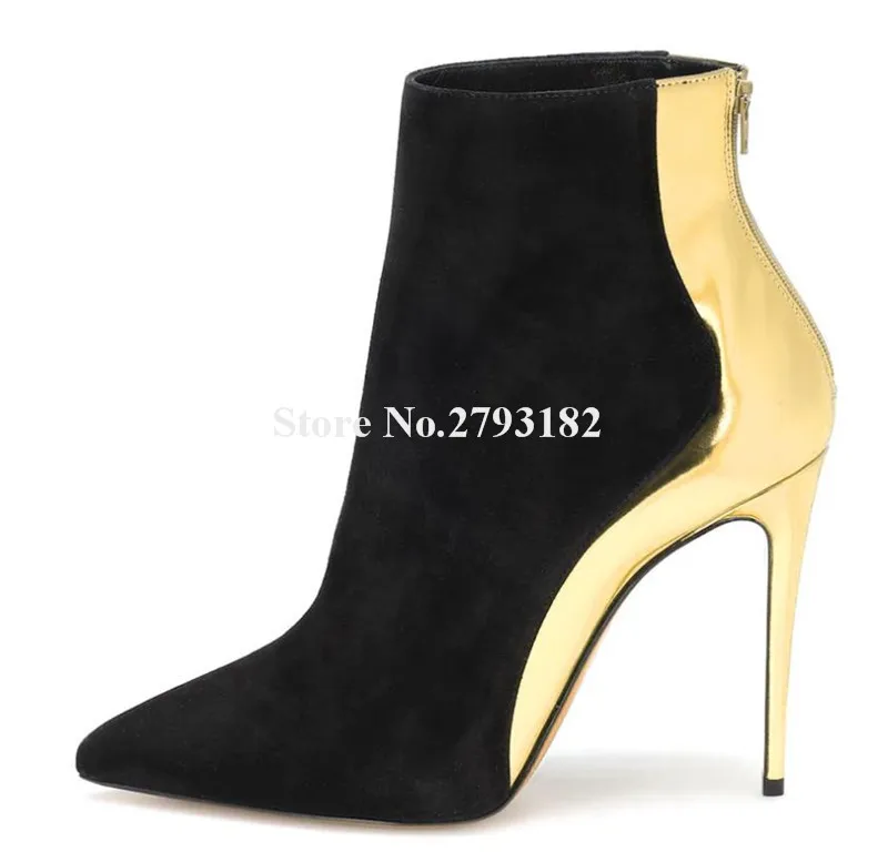Elegant Pointed Toe Black Suede Gold Patchwork Stiletto Heel Ankle Boots Back Zipper-up High Heel Ankle Booties Big Size
Elegant Pointed Toe Black Suede Gold Patchwork Stiletto Heel Ankle Boots Back Zipper-up High Heel Ankle Booties Big Size