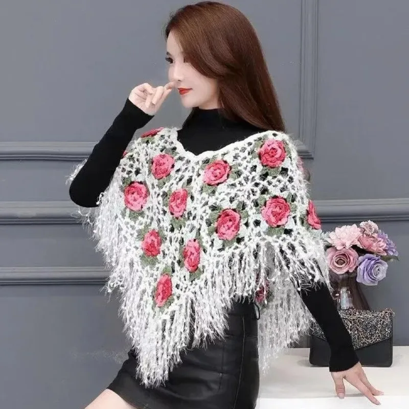 Hollow Sweater Shawl Women Flowers Cloak Loose Triangle Scarf Cape Autumn Winter Pink Clothes Tassel Short Female Knitted Tops
Hollow Sweater Shawl Women Flowers Cloak Loose Triangle Scarf Cape Autumn Winter Pink Clothes Tassel Short Female Knitted Tops