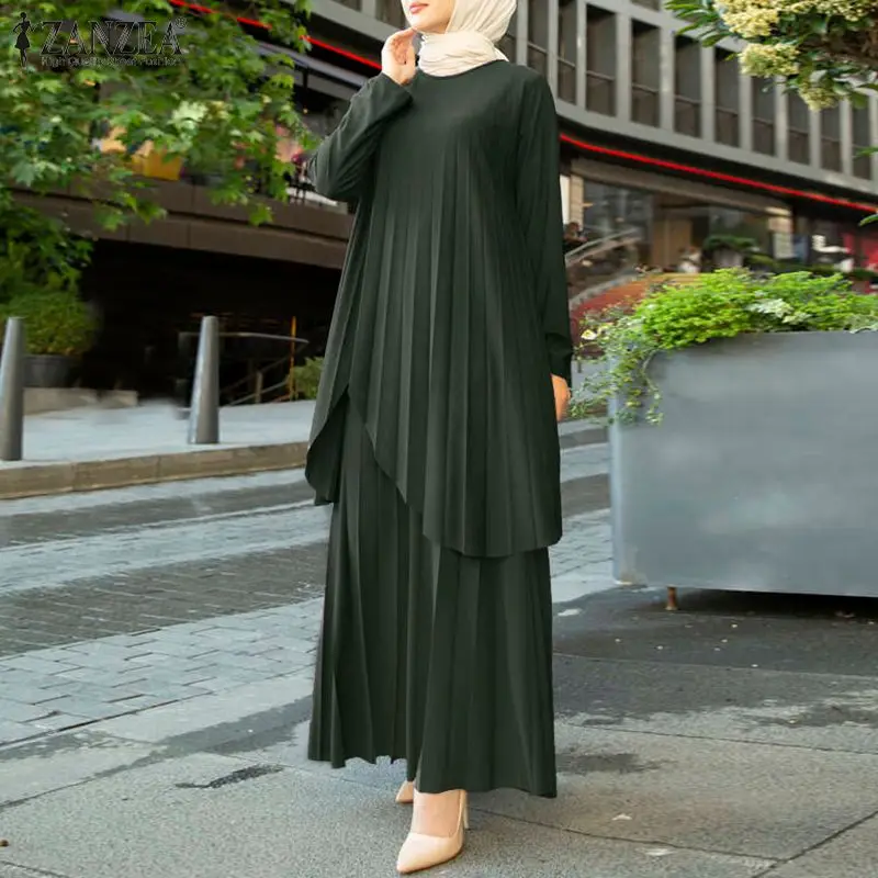 Women's Fashion Muslim Sets ZANZEA Long Sleeve Pleated Blouse Tops Casual Wide Leg Pants Vintage Turkish Suit Sets 2Pcs Oversize
Women's Fashion Muslim Sets ZANZEA Long Sleeve Pleated Blouse Tops Casual Wide Leg Pants Vintage Turkish Suit Sets 2Pcs Oversize