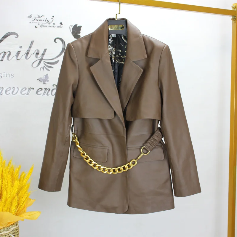 Spring Autumn Fashion Women's High Quality metal Chain Genuine Leather blazers jackets B486
Spring Autumn Fashion Women's High Quality metal Chain Genuine Leather blazers jackets B486