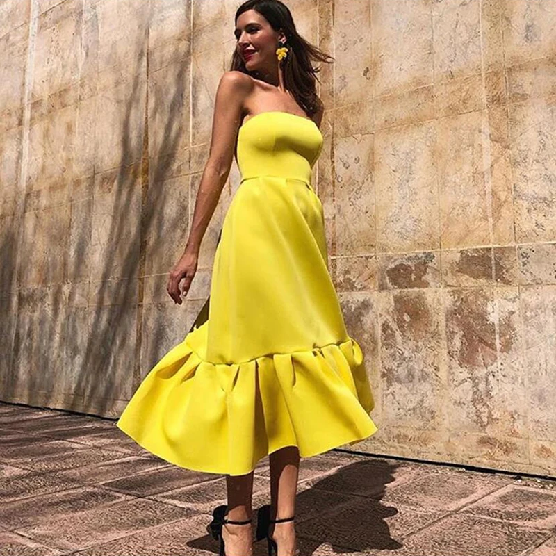 New Strapless Tea Length Evening Birthday Dress Sleeveless Prom Party Gowns Yellow Customized Vestidos De Fiesta Noche
New Strapless Tea Length Evening Birthday Dress Sleeveless Prom Party Gowns Yellow Customized Vestidos De Fiesta Noche