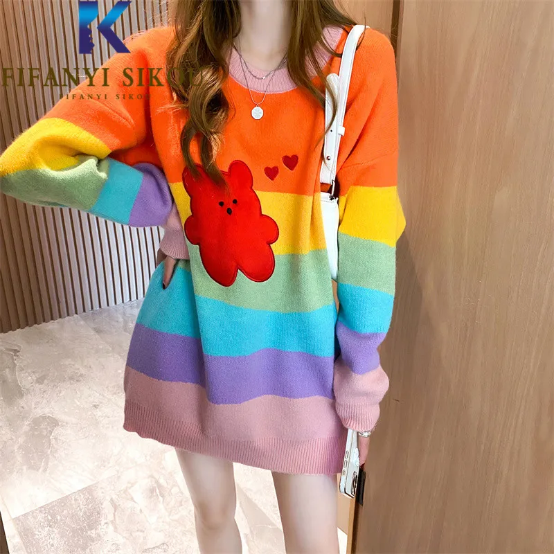 Rainbow Knitted Sweater Women Cartoon Embroidery Fashion O-Neck Long Sleeve Pullover Female 2021 Autumn Winter Loose Sweaters
Rainbow Knitted Sweater Women Cartoon Embroidery Fashion O-Neck Long Sleeve Pullover Female 2021 Autumn Winter Loose Sweaters