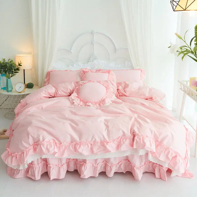Luxury Princess Bedding Sets Korean Style Pink Lace Ruffle Bedclothes 100% Cotton Duvet Cover Bed Skirt Pillowcases Home Textile
Luxury Princess Bedding Sets Korean Style Pink Lace Ruffle Bedclothes 100% Cotton Duvet Cover Bed Skirt Pillowcases Home Textile