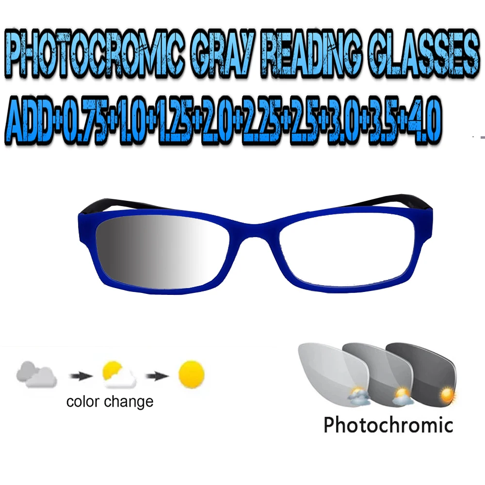 Photochromic Gray Reading Glasses Ultralight Trend High Quality Fashion Men Women blu metal frame +0.75 To +4.0
Photochromic Gray Reading Glasses Ultralight Trend High Quality Fashion Men Women blu metal frame +0.75 To +4.0