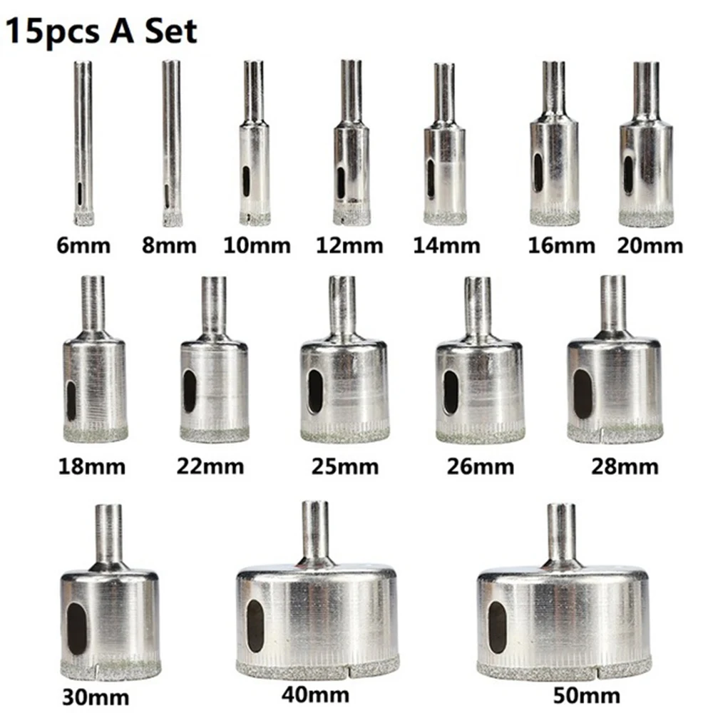 Diamond Coated Drill Bit Set 15pcs 6mm-50mm Tile Marble Glass Ceramic Hole Saw Drilling Bits For Power Tools
Diamond Coated Drill Bit Set 15pcs 6mm-50mm Tile Marble Glass Ceramic Hole Saw Drilling Bits For Power Tools