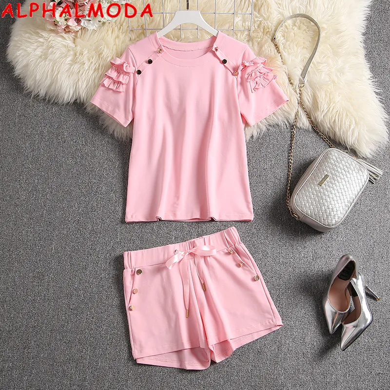 ALPHALMODA Trendy Summer New Arrived Women Cute Tshirt Shorts 2pcs Set Ruffled Sleeve Button Design Sweet Girls Clothes Set
ALPHALMODA Trendy Summer New Arrived Women Cute Tshirt Shorts 2pcs Set Ruffled Sleeve Button Design Sweet Girls Clothes Set