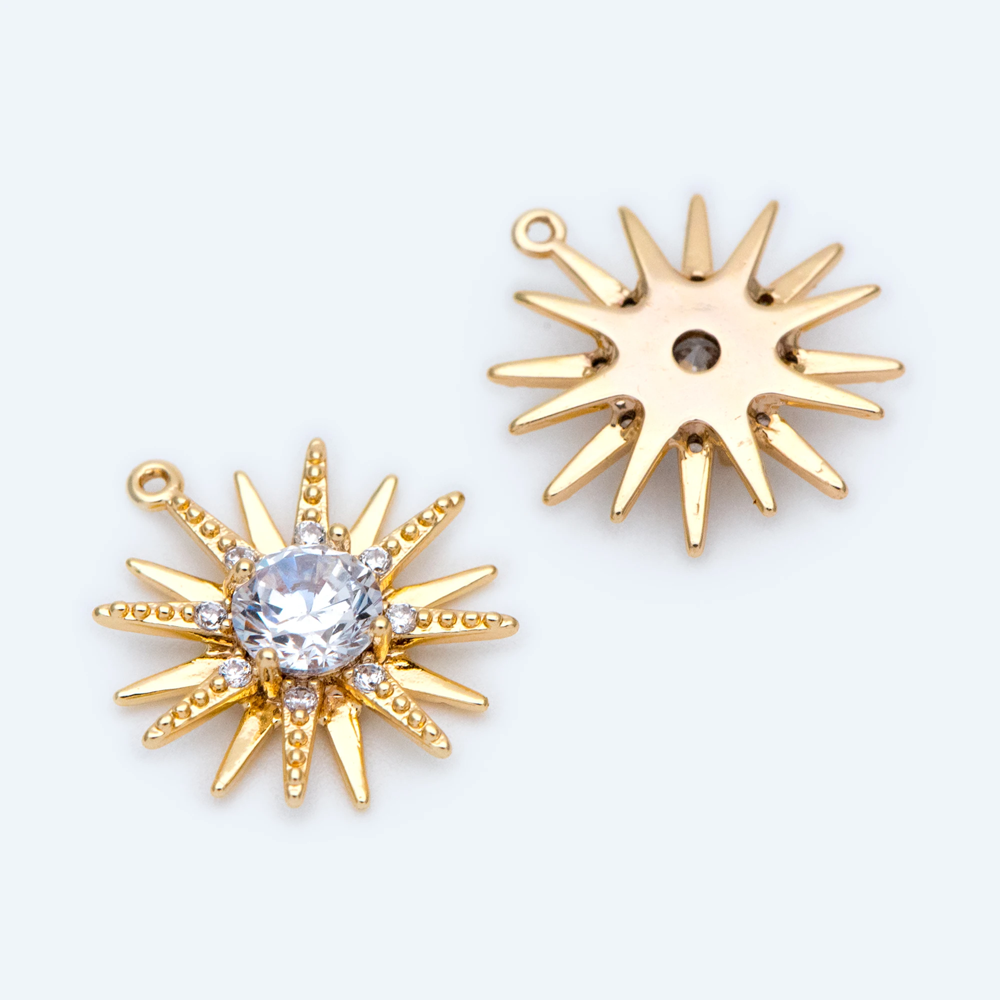 10pcs CZ Paved Gold Sun Charms 16x15mm, 18K Gold Plated Brass, Sun Pendants (GB-1265)
10pcs CZ Paved Gold Sun Charms 16x15mm, 18K Gold Plated Brass, Sun Pendants (GB-1265)