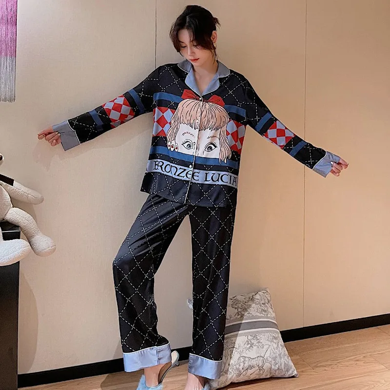 Female Sleepwear Satin Pajamas Set Nightwear 2PCS Sexy Lounge Wear Soft Pijamas Lapel Shirt&Pants Print Character Homewear
Female Sleepwear Satin Pajamas Set Nightwear 2PCS Sexy Lounge Wear Soft Pijamas Lapel Shirt&Pants Print Character Homewear