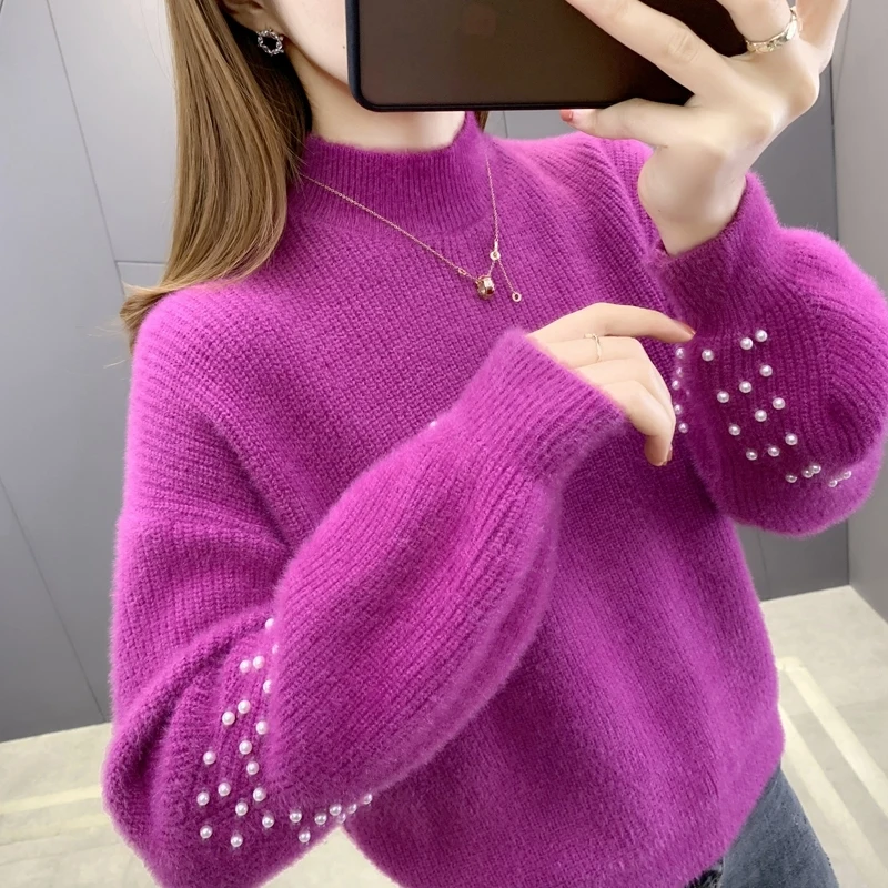 Autumn Winter Beading Half High Collar Sweater Women Loose Pullover Jumpers Ladies Faux Mink Cashmere Lantern Sleeve Tops Female
Autumn Winter Beading Half High Collar Sweater Women Loose Pullover Jumpers Ladies Faux Mink Cashmere Lantern Sleeve Tops Female