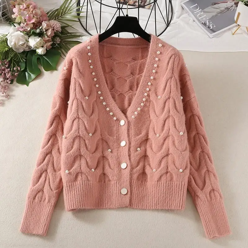 Elegant Women O-neck Knitted Cardigans Single-breasted Slim Pearls Twisted Sweater Female 2021 Autumn V-neck Outwear Tops
Elegant Women O-neck Knitted Cardigans Single-breasted Slim Pearls Twisted Sweater Female 2021 Autumn V-neck Outwear Tops
