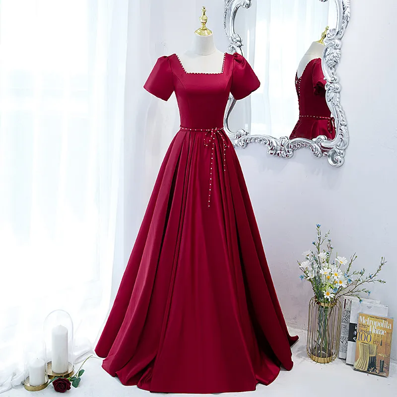Burgundy Square Collar Evening Dress Simple Elegant Backless Floor-Length Short Sleeves A-Line Party Formal Dresses Woman B1405
Burgundy Square Collar Evening Dress Simple Elegant Backless Floor-Length Short Sleeves A-Line Party Formal Dresses Woman B1405