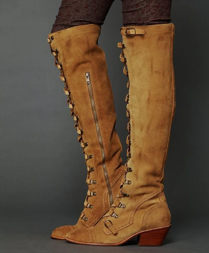 Popular Ladies Retro Suede Lace Up western Boots Fall Woman Med Chunky Heels Buckled Knee Boots Side Zipper Motorcycle Bo
Popular Ladies Retro Suede Lace Up western Boots Fall Woman Med Chunky Heels Buckled Knee Boots Side Zipper Motorcycle Bo