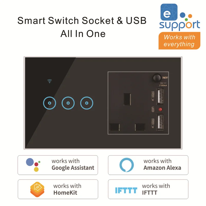 USB 2.1A WiFi UK Standard Single Live Wire Smart Light Touch Switch Socket Tempered Glass Panel 1 2 3 Gang Work With APP
USB 2.1A WiFi UK Standard Single Live Wire Smart Light Touch Switch Socket Tempered Glass Panel 1 2 3 Gang Work With APP