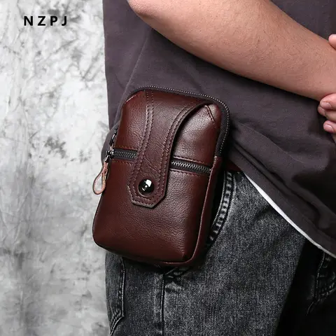 Men's Belt Bag Phone NZPJ Leather Men's Waist Bag Top Layer Cowhide Casual Mobile Phone Bag Wear Belt Vertical Shoulder Messenger Mobile Phone Bag