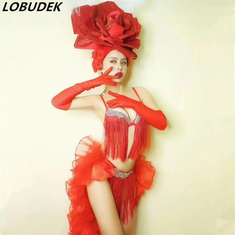 Female Costume Red Big Flower Headdress Crystal Tassel Bikini Tail Set Sexy Nightclub Dane Outfit Bar Club Party Show Stage Wear
Female Costume Red Big Flower Headdress Crystal Tassel Bikini Tail Set Sexy Nightclub Dane Outfit Bar Club Party Show Stage Wear