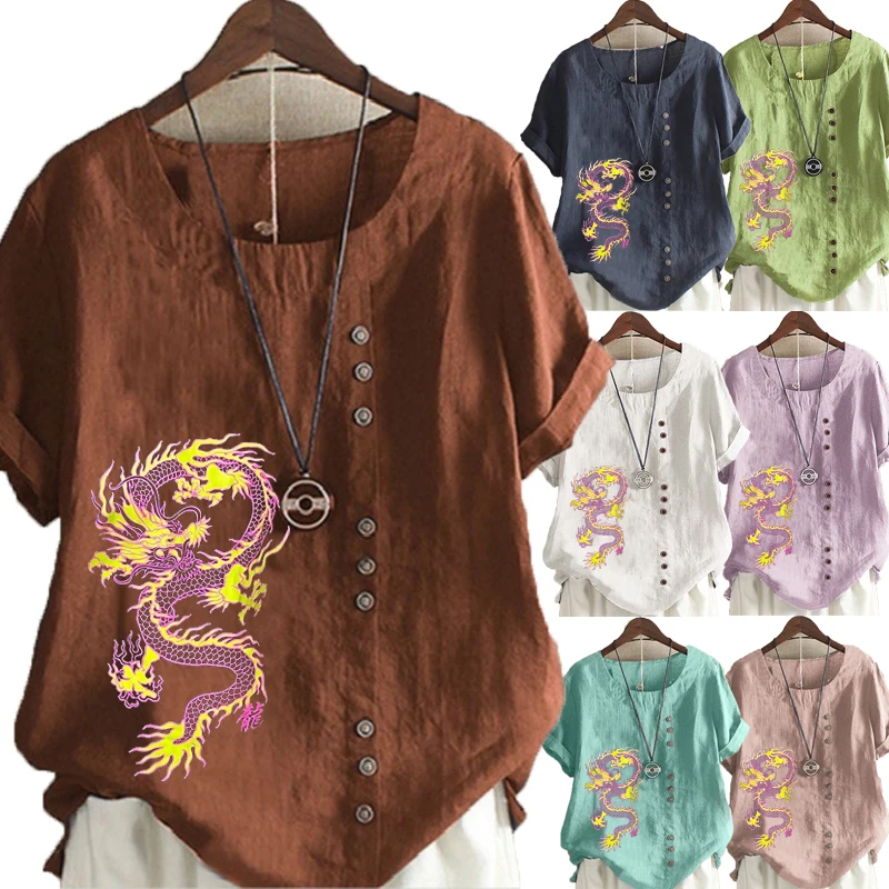 Women's Linen Shirt Round Collar Dragon Printed T-shirt Short Sleeve Casual Shirt Ladies Plus Size Loose Tops & Blouses
Women's Linen Shirt Round Collar Dragon Printed T-shirt Short Sleeve Casual Shirt Ladies Plus Size Loose Tops & Blouses