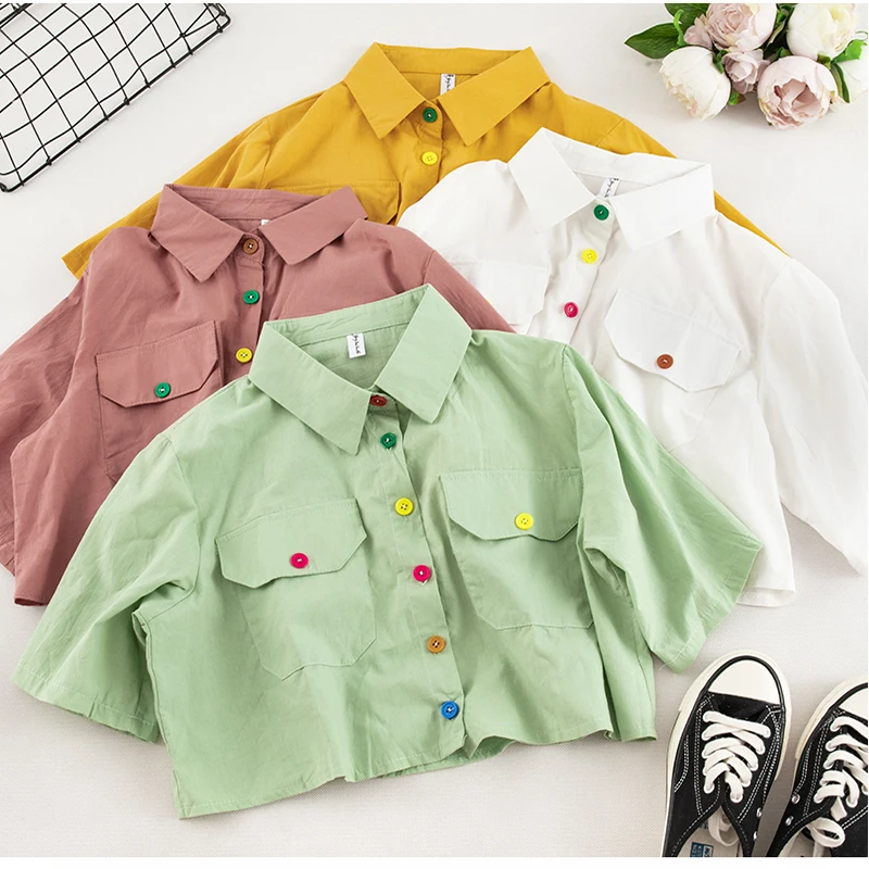 Sweet Button Shirt Female Short-sleeve Korean Summer Turn-down Collar Tops Casual Women Single-breasted Short Style Kawaii Shirt
Sweet Button Shirt Female Short-sleeve Korean Summer Turn-down Collar Tops Casual Women Single-breasted Short Style Kawaii Shirt
