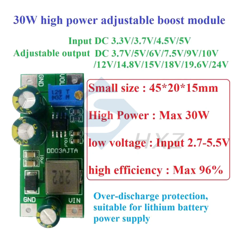 1Pcs DD03AJTA 30W High-power Adjustable Step-Up Module 6A DC 2.7-5.5V To 3.5-24V DC-DC Boost Converter for 18650 Lithium Battery
1Pcs DD03AJTA 30W High-power Adjustable Step-Up Module 6A DC 2.7-5.5V To 3.5-24V DC-DC Boost Converter for 18650 Lithium Battery