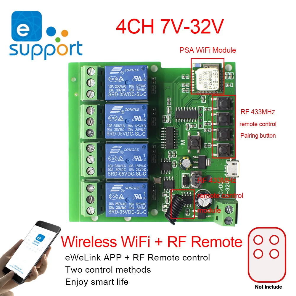 4-канальный Интеллектуальный Wi-Fi EweLink модуль переключения приемник 5 в 7-32 в 85 в 220 В 250 В Автоматизация 16 А реле времени для Alexa Google Home
4-канальный Интеллектуальный Wi-Fi EweLink модуль переключения приемник 5 в 7-32 в 85 в 220 В 250 В Автоматизация 16 А реле времени для Alexa Google Home