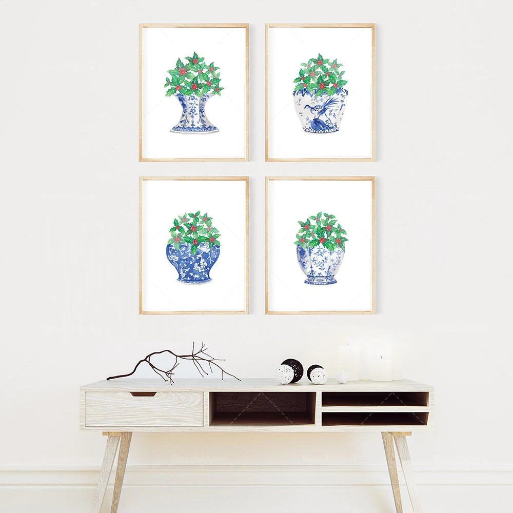 Holly berries in Chinese style vase watercolor printing art, 4 piece set Christmas painting porcelain vase printing poster
Holly berries in Chinese style vase watercolor printing art, 4 piece set Christmas painting porcelain vase printing poster