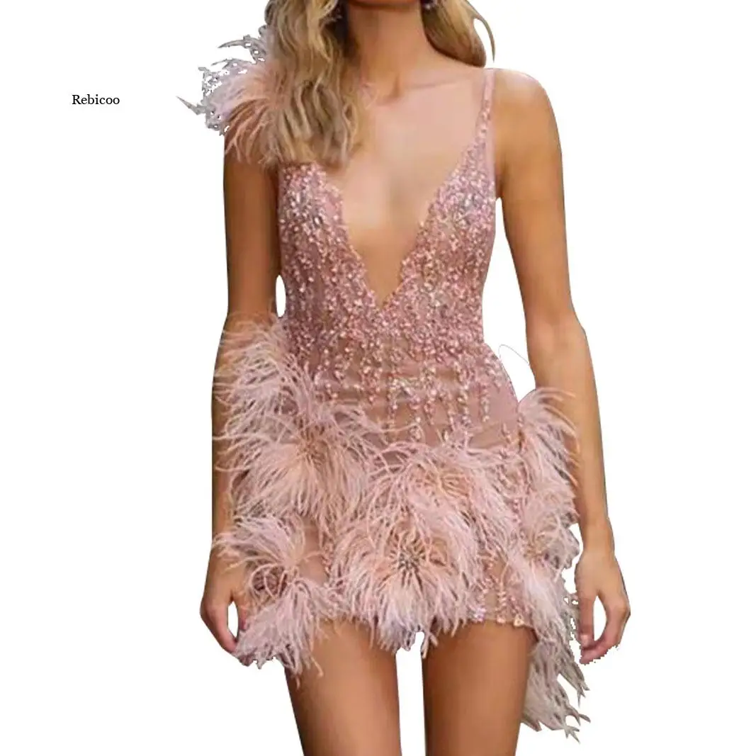 Women Dress Pink Mini Feather V-Neck Fashion Bodycon Ladies Dress Night Club Party Bodycon Dress
Women Dress Pink Mini Feather V-Neck Fashion Bodycon Ladies Dress Night Club Party Bodycon Dress