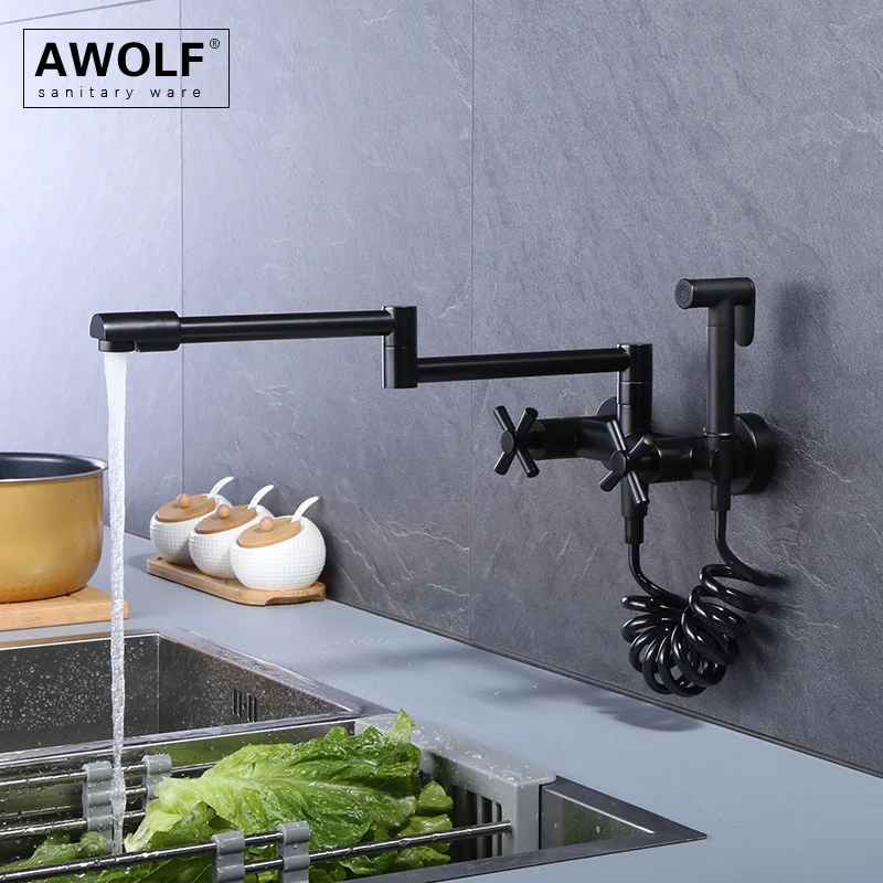Kitchen Sink Faucet Foldable Pot Filler Tap Matte Black Chrome Dual Handle Wall Mounted Rotatable Spout Hot And Cold Water FW007
Kitchen Sink Faucet Foldable Pot Filler Tap Matte Black Chrome Dual Handle Wall Mounted Rotatable Spout Hot And Cold Water FW007