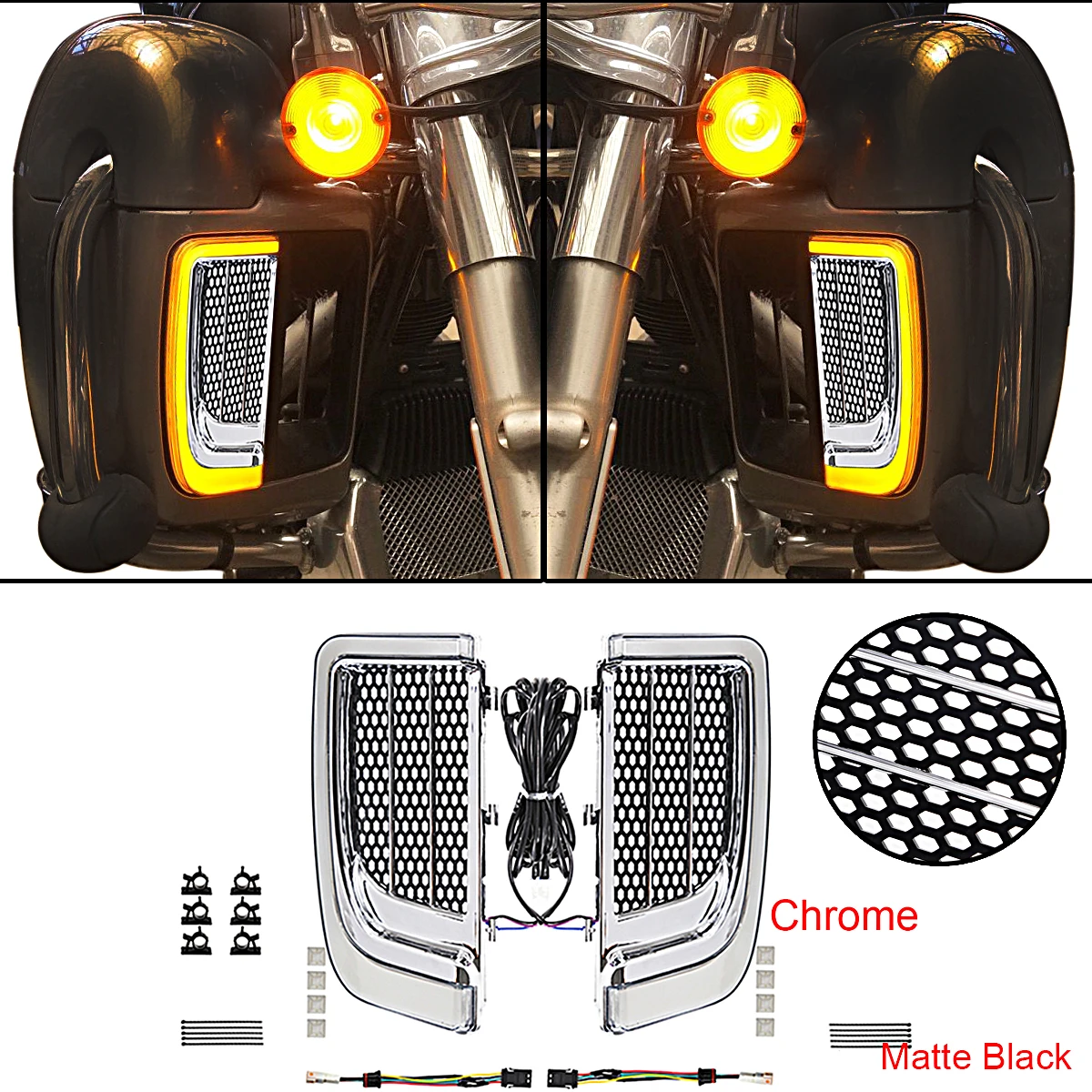 Motorcycle Chrome LED Fairing Lower Grills Light For Harley Road King CVO FLHR FLHRXS 2014 15 16 17 18 19 20
Motorcycle Chrome LED Fairing Lower Grills Light For Harley Road King CVO FLHR FLHRXS 2014 15 16 17 18 19 20
