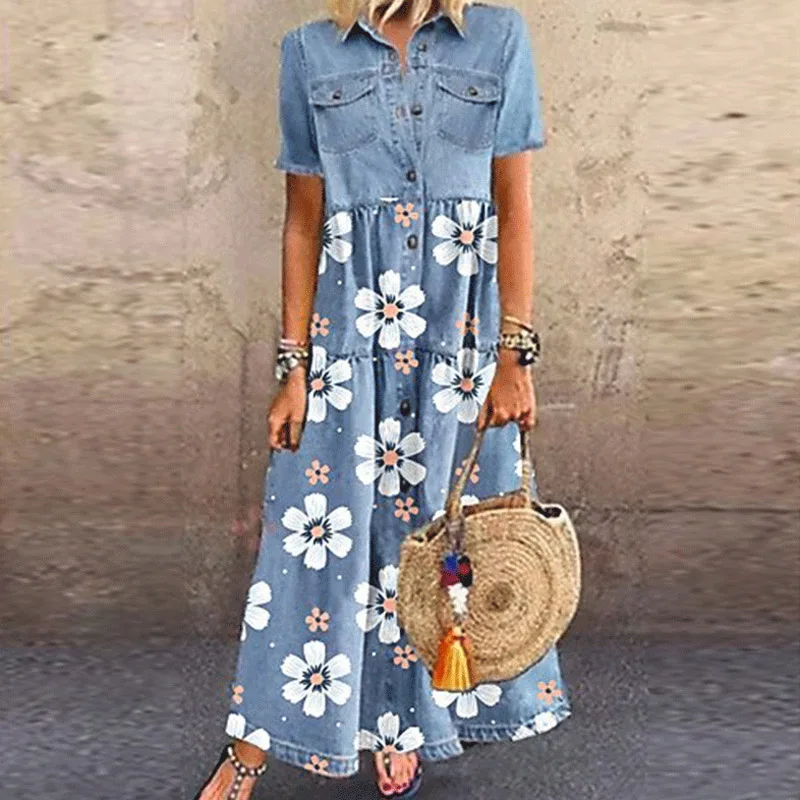 Elegant Turn-down Collar Denim Dress Women Autumn Floral Print Button Shirt Dress Summer Short Sleeve A-Line Party Dress Vestido
Elegant Turn-down Collar Denim Dress Women Autumn Floral Print Button Shirt Dress Summer Short Sleeve A-Line Party Dress Vestido