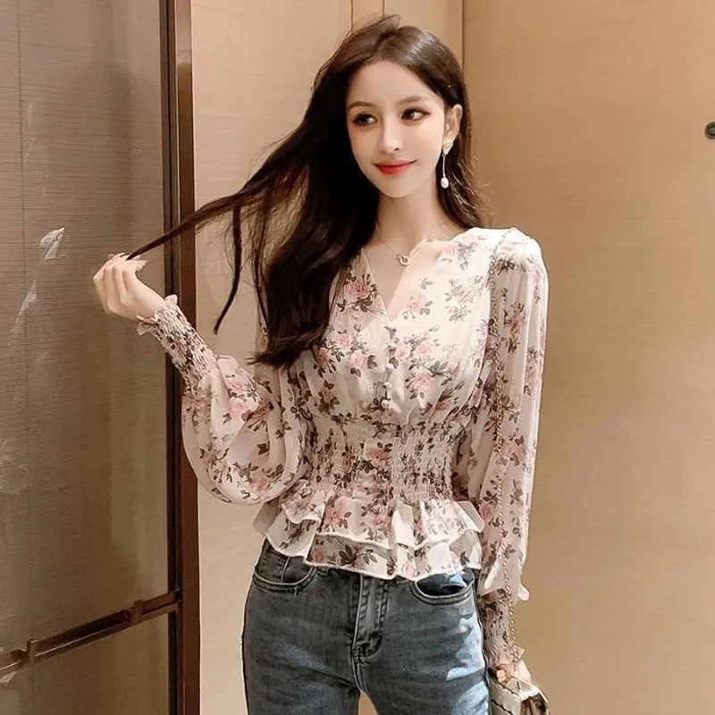 Short / Long Sleeve Floral Print Chiffon Shirt Female Pleated Waist Slimming Lantern Sleeve Single-breasted Blouses Women Spring
Short / Long Sleeve Floral Print Chiffon Shirt Female Pleated Waist Slimming Lantern Sleeve Single-breasted Blouses Women Spring