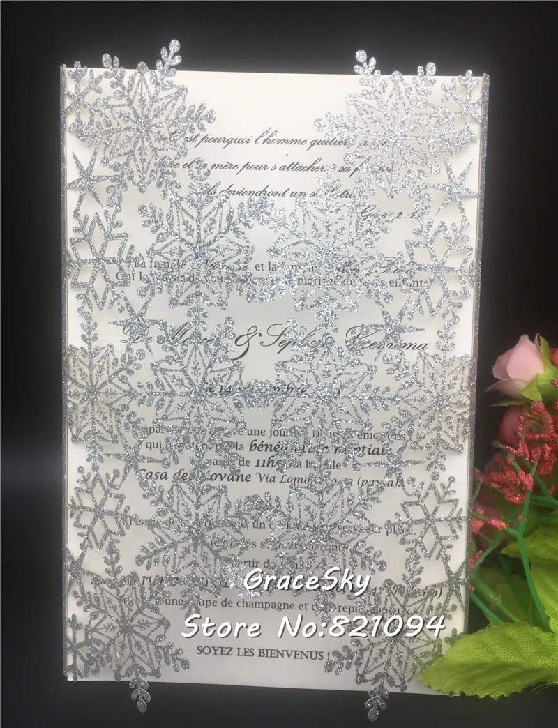 free shipping 50pcs/lot Laser cut Snowflake Glitter paper New wedding invitation cards with Receipt RSVP Customized card
free shipping 50pcs/lot Laser cut Snowflake Glitter paper New wedding invitation cards with Receipt RSVP Customized card