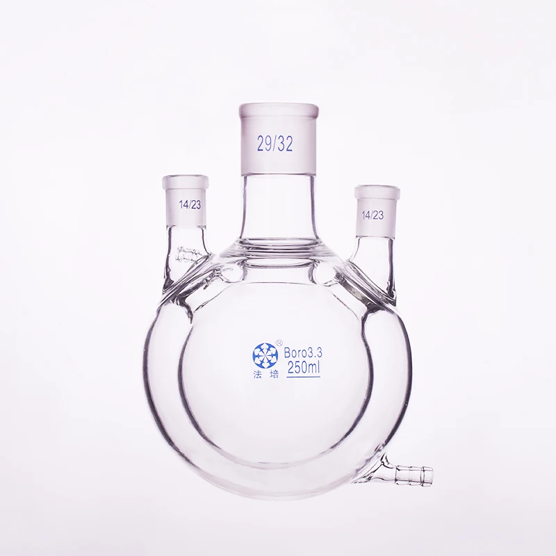 Double-deck spherical straight three-necked round bottom flask,250ml,Mid 29/32,Side 14/23,Mezzanine jacketed reactor bottle
Double-deck spherical straight three-necked round bottom flask,250ml,Mid 29/32,Side 14/23,Mezzanine jacketed reactor bottle