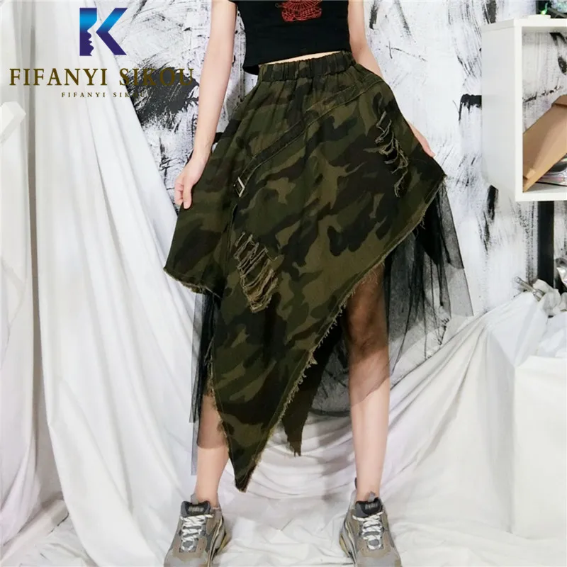 Streetwear Women Camouflage Denim Skirt Mesh Splice Asymmetry Fashion High waist Mid Long Skirt Female Summer Loose Jeans Skirts
Streetwear Women Camouflage Denim Skirt Mesh Splice Asymmetry Fashion High waist Mid Long Skirt Female Summer Loose Jeans Skirts